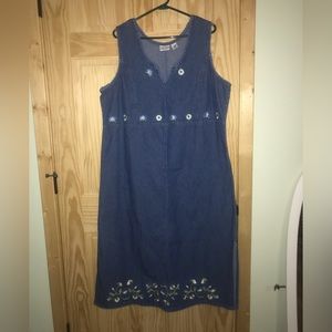 Carolina Blues vtg modest embroidered denim jean teacher 80’s jumper dress 16W